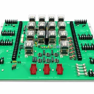 ABB TPSTU12 Termination Unit product illustration showing a green circuit board with relays and terminal connectors